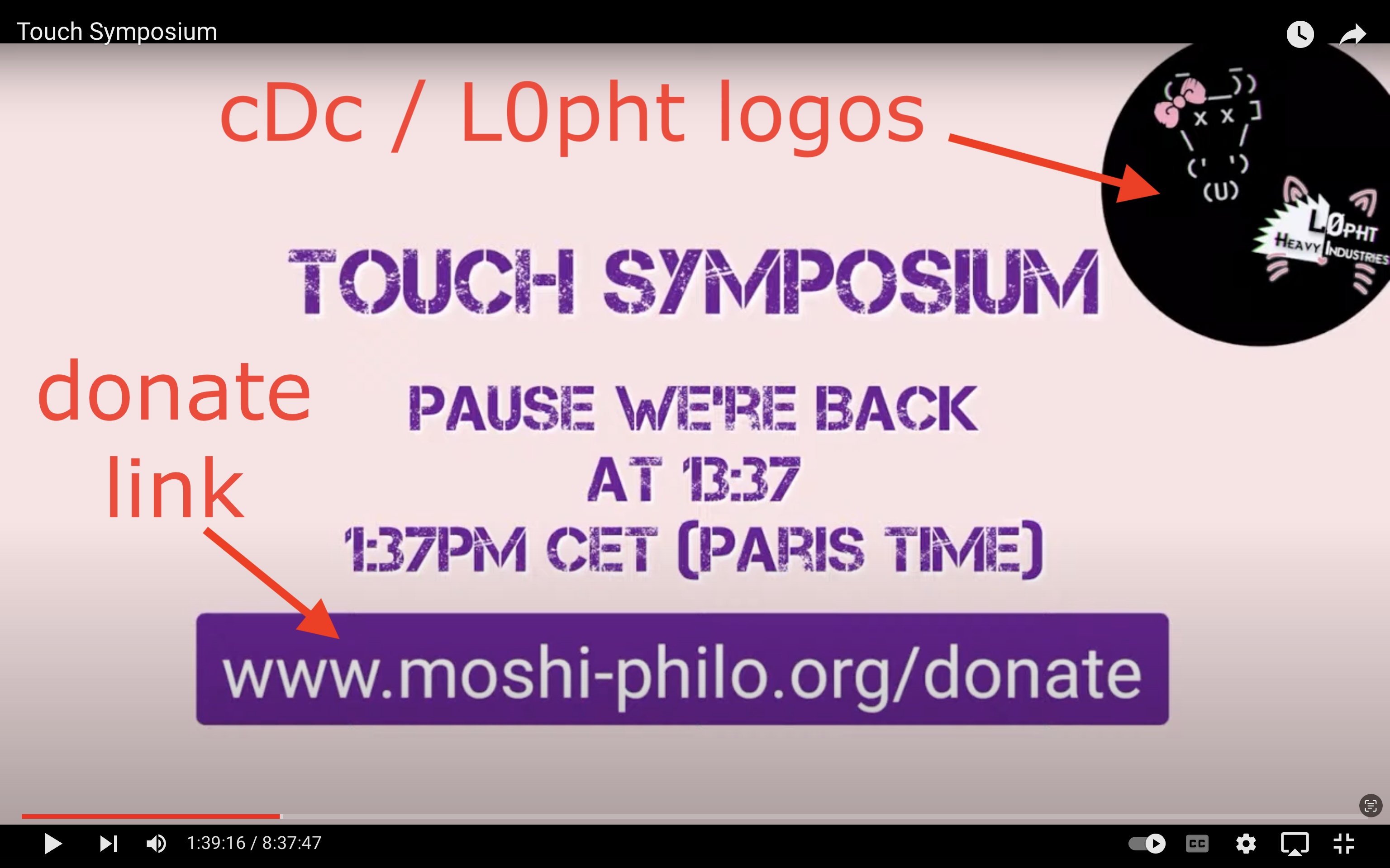A full-screen slide consisting primarily of purple text on a pink background. Inside the circle in the upper right corner is the cDc ASCII cow skull logo adorned with a pink 'Hello Kitty' hair bow, and a L0pht Heavy Industries logo with pink cat ears, whiskers, and nose. In the middle of the slide is the text: 'TOUCH SYMPOSIUM | PAUSE WE'RE BACK | AT 13:37 | 1:37PM CET (PARIS TIME) | www.moshi-philo.org/donate'
